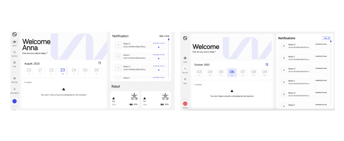 Menu and calendar view before and after the redesign